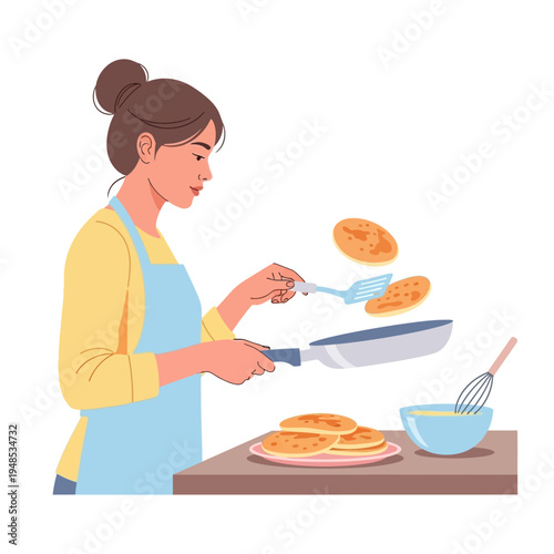 Woman Flipping Pancakes on Frying Pan, Breakfast Cooking, Homemade Food Illustration
