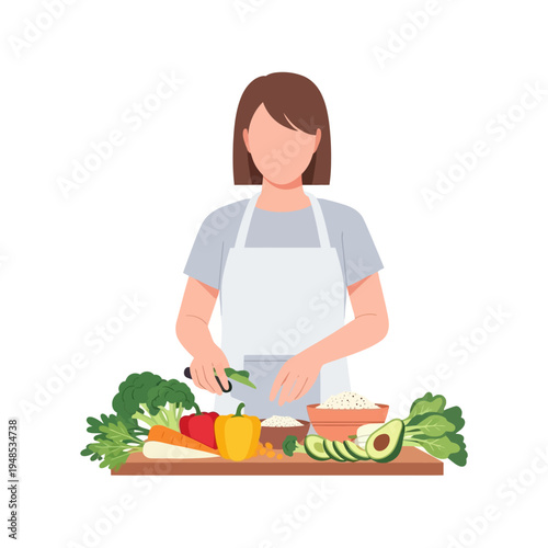 Woman in Apron Preparing Fresh Vegetables for Healthy Cooking