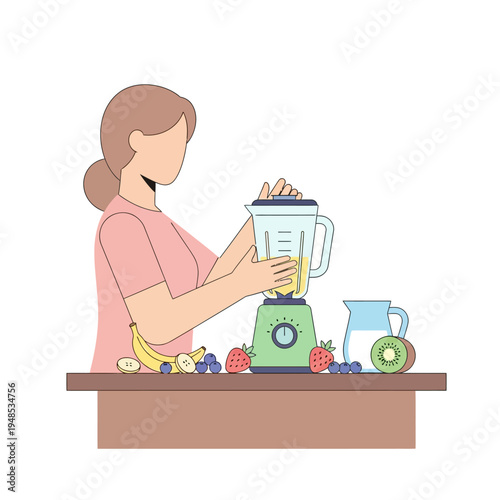 Woman making a healthy smoothie with fruits and blender on kitchen counter