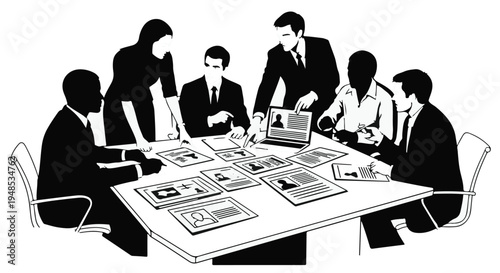 Silhouette of business team members collaborating on project planning and resume screening at a meeting table.