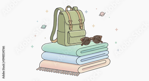 Hand-Drawn Travel Essentials: Backpack, Towels, and Sunglasses
