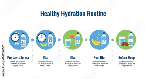 A healthy hydration routine infographic displays a water bottle and clock across various daily times.