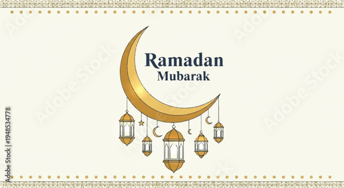 Ramadan Mubarak celebration with crescent moon and lanterns