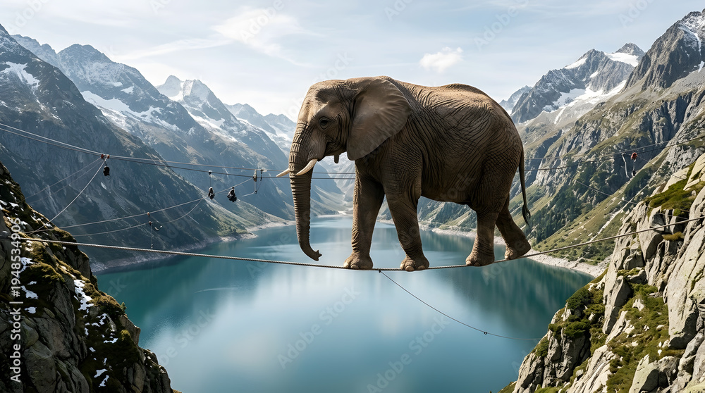 Fototapeta premium African elephant walking on a tightrope across a mountain canyon