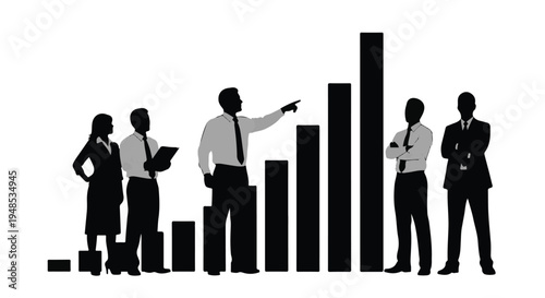 Business people analyzing data statistics graph in office setting with silhouettes, teamwork and finance concept