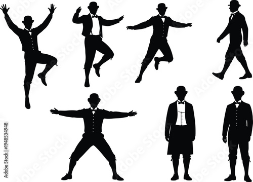 Set of vintage gentleman silhouettes in bowler hats showing different poses and movements, classic Victorian style characters isolated on light background for designSet 