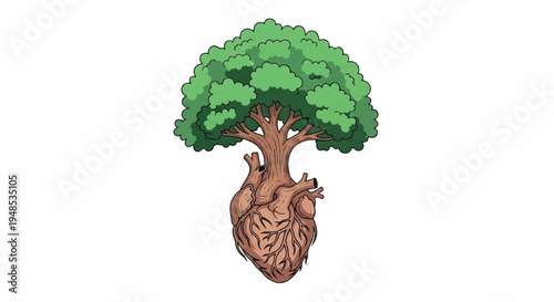 Anatomical illustration of a human heart with a lush green tree growing out of it in a surreal medical concept.