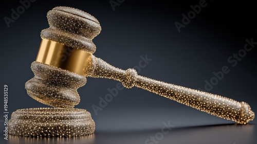 Ornate judicial gavel rendered with glowing digital wireframe structure rests near its sounding block