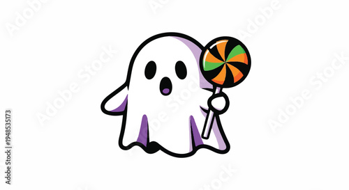 A cute cartoon ghost happily holding a colorful lollipop in its hand