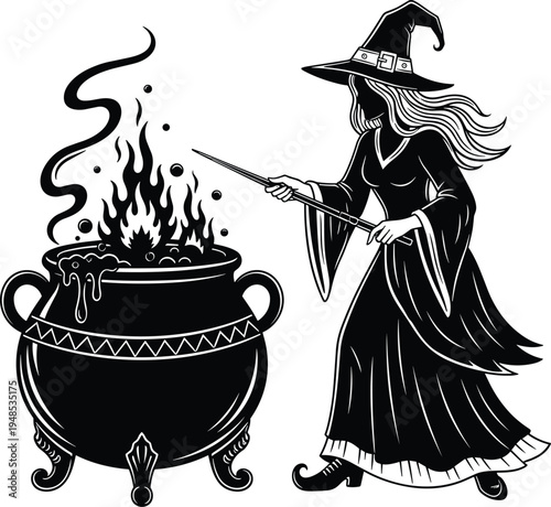 Witch stirring magical potion in cauldron with wand, mystical Halloween sorceress brewing spell, detailed monochrome fantasy illustration isolated on light background