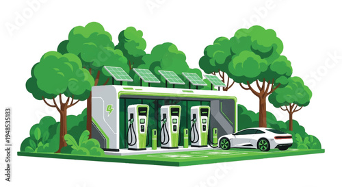Electric car charging station operates outside with solar panels on roof surrounded by trees.