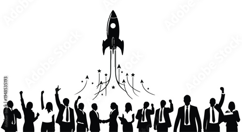  Silhouette of a business team celebrating a startup launch with a rocket taking off in the background.