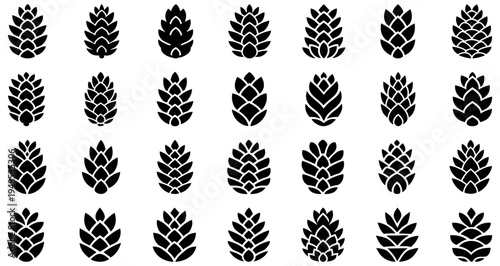  A set of stylized black silhouettes of pine or fir cones. Minimalist vector illustration of nature, forest, and winter decor elements.