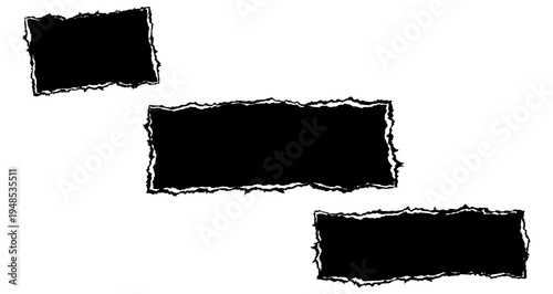 Set of black rectangular frames and banners with torn paper effect. Textured grunge elements with irregular white edges on a plain white background. Vector illustration.