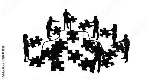 Silhouette of a business team assembling large puzzle pieces representing teamwork and problem solving.