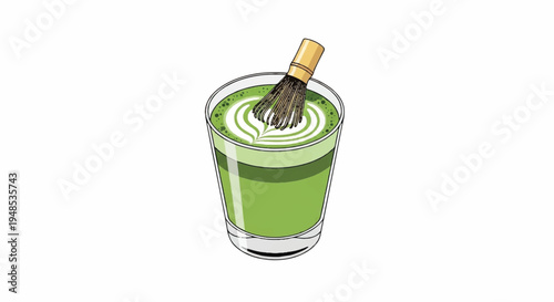 A vibrant green tea drink with a whisk is served in a glass cup.