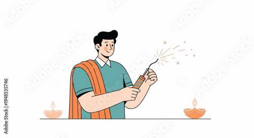 Man in traditional attire celebrating Diwali with fireworks and diyas nearby indoors