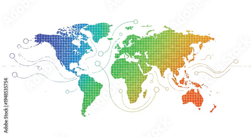 A colorful illustration of the world map with connected lines and dots.