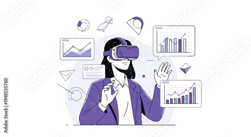 A woman wearing a virtual reality headset interacts with digital graphs and charts floating around her.