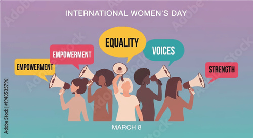 Women celebrate International Women's Day with megaphones in a crowd