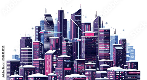 A futuristic cityscape at dusk showcases sleek skyscrapers and buildings with neon lights.