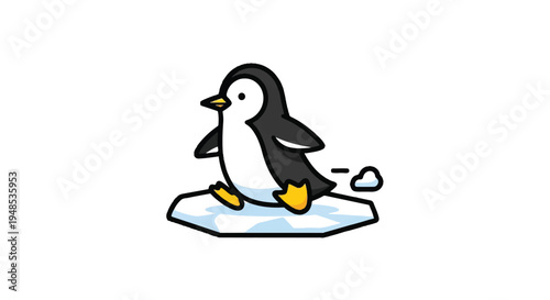 A cartoon penguin standing on melting ice in a polar environment.