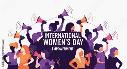 Women celebrate International Women's Day with megaphones in a vibrant empowerment event