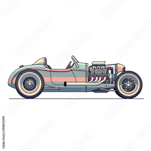 Vintage Race Car Illustration: Retro Sports Car with Exposed Engine and Stripes