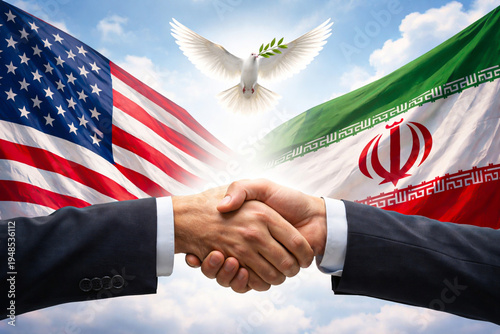 Diplomatic Reconciliation Concept: Handshake Between USA and Iran Representatives with Peace Dove and National Flags in the Background