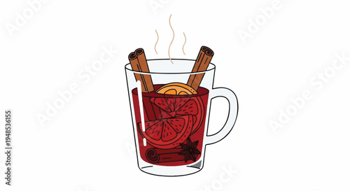 A warm mug of mulled wine with cinnamon sticks and orange