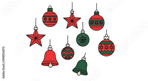 Christmas ornaments and bells hanging from strings on a tree branch