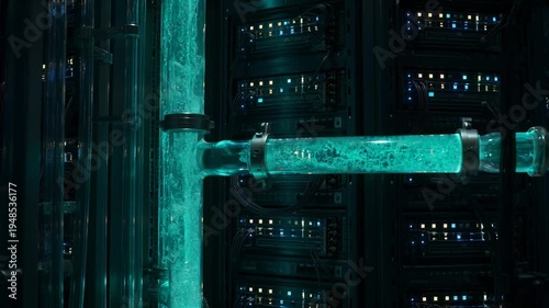 Liquid-cooled data center servers with turquoise fluid flowing through transparent pipes
