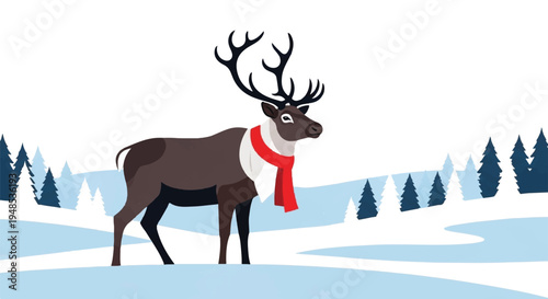 A reindeer wearing a red scarf stands in a snowy forest landscape with trees.