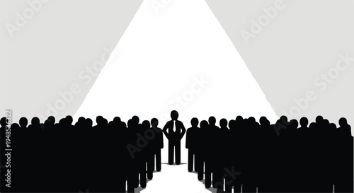 Confident leader standing out from crowd of people in spotlight, symbolizing success and individuality in business or professional setting with dramatic lighting