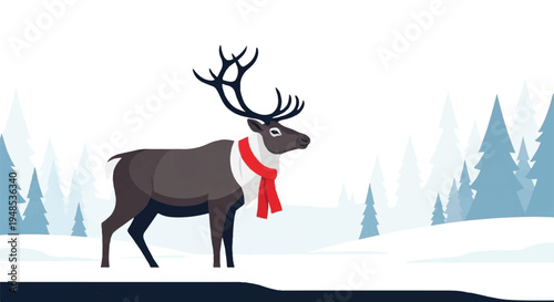 A reindeer wearing a red scarf stands in a snowy forest landscape.