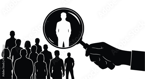 Business recruitment concept with hand holding magnifying glass focusing on individual from crowd of people in black and white illustration
