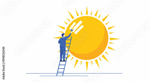 A person on a ladder paints the sun with brushes outdoors.