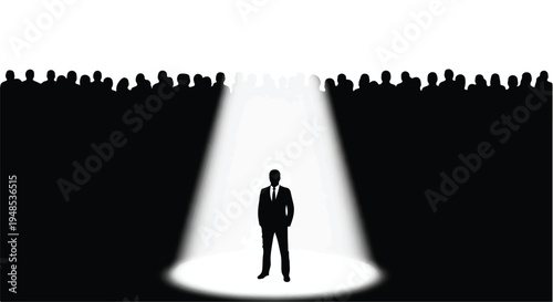 Confident businessman standing alone in spotlight with crowd of people in background, symbolizing leadership, success, and individuality in professional setting