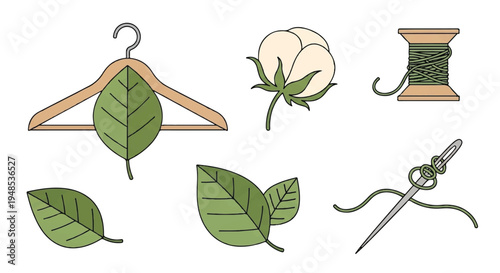 A collection of green leaves, a cotton boll, and sewing tools on a white background.