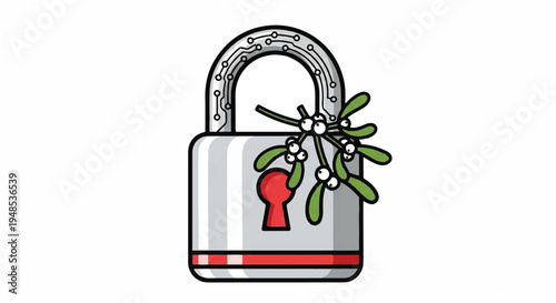 A shiny lock with a red stripe and keyhole adorned with mistletoe on a white background.