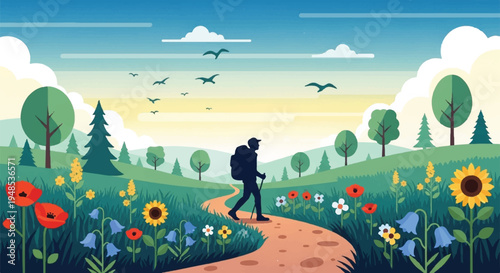 A person walks on a winding path through a vibrant field of flowers and trees under a sunny sky with birds flying overhead.