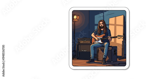 Man playing electric guitar in a music studio with amplifiers