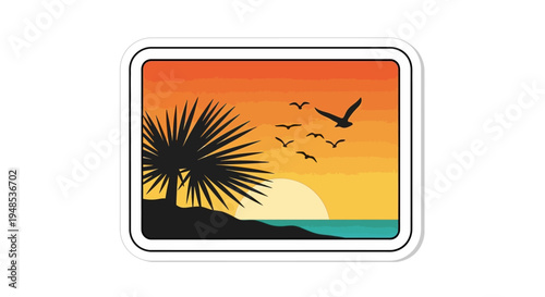 A vibrant tropical sunset scene with palm trees and flying birds over the ocean.