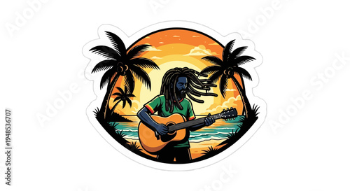 Man with dreadlocks playing guitar on a tropical beach at sunset