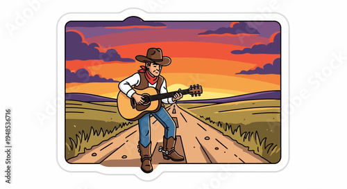 Cowboy playing guitar on a road at sunset
