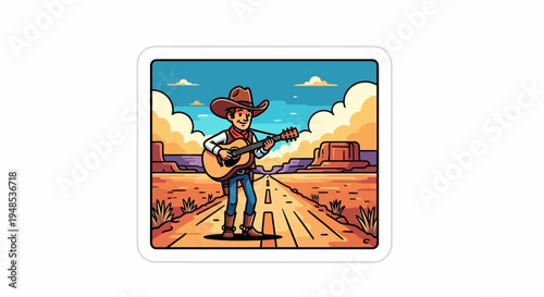 Cowboy playing guitar on a desert road in a cartoon sticker style