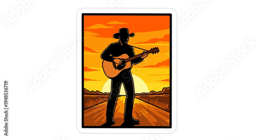 Country musician playing acoustic guitar at sunset on a lonely road.