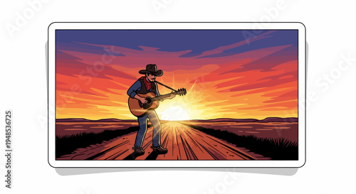 Cowboy playing acoustic guitar on a rural road during a vibrant sunset illustration