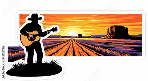 Cowboy playing guitar at desert sunset on a long road.