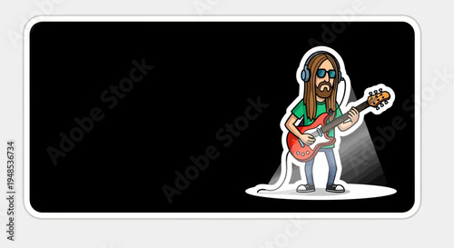 Man with long hair playing electric guitar with headphones on stage